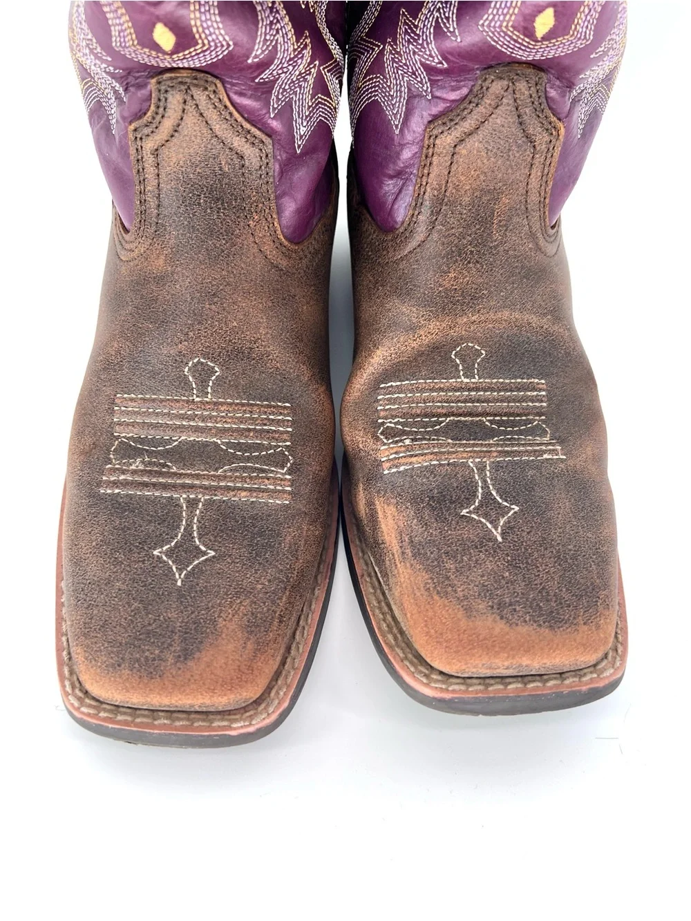 ARIAT GIRLS' TOMBSTONE WESTERN BOOTS BROAD SQUARE TOE Sz 5 Purple Brown Cowgirl